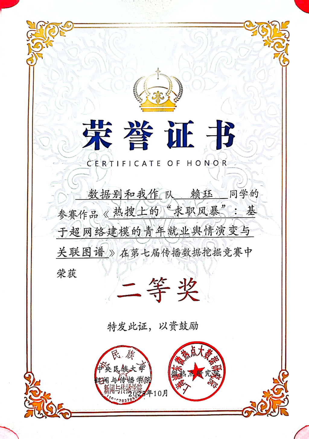 Data Mining Competition Second Prize Certificate